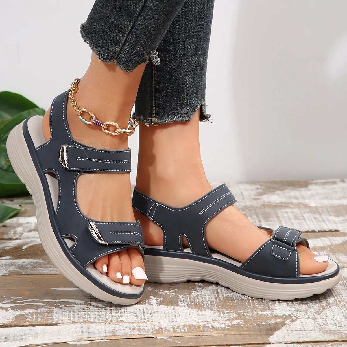 Women Fashion Casual Solid Color Peep Toe Velcro PU Platform Sandals