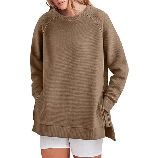 Women Casual Solid Color Zipper Long Sleeve Loose Sweatshirt