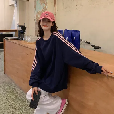 Women Casual Pullover Sweatshirt Stripe Long-Sleeve Loose Fit Round Neck