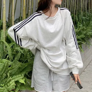 Women Casual Pullover Sweatshirt Stripe Long-Sleeve Loose Fit Round Neck