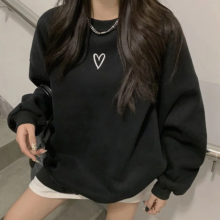 Women Casual Autumn Winter Solid Color Love Printed Long-Sleeve Loose Sweatshirt