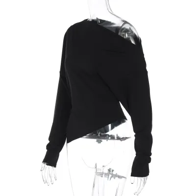 Women Fashion Sexy Solid Color Irregular Slant Shoulder Long-Sleeve Slim-Fit T-Shirt
