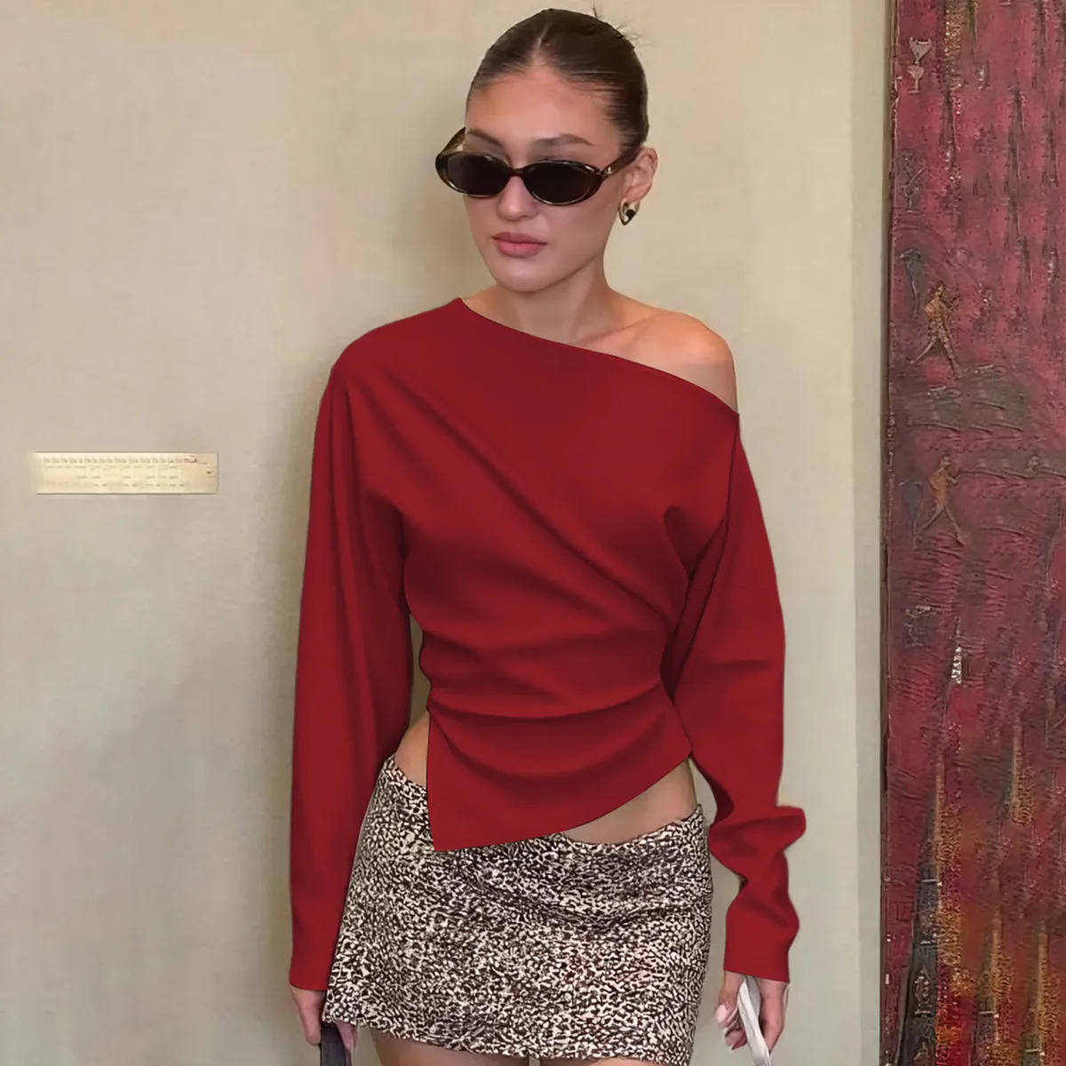 Women Fashion Sexy Solid Color Irregular Slant Shoulder Long-Sleeve Slim-Fit T-Shirt