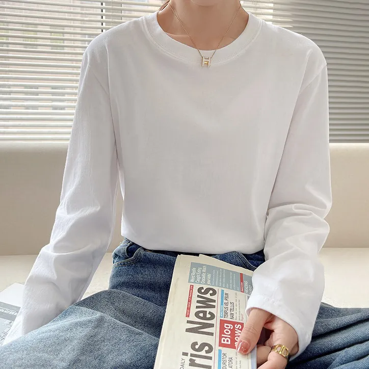 Women Casual Cotton Long Sleeve Loose Fit Crewneck T-Shirt Solid Color