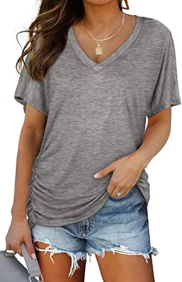 Women Casual Solid Color V-Neck Short Sleeve Pleated T-Shirt Loose Fit