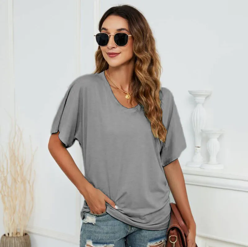 Women Casual Solid Color V-Neck Short Sleeve Pleated T-Shirt Loose Fit