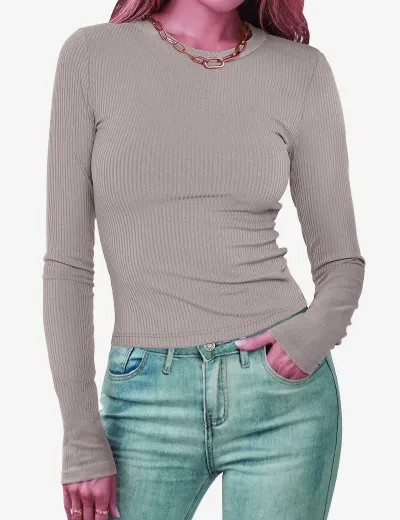Women's Casual Commuter Wind Solid Color Slim Fit Long Sleeve T-Shirt