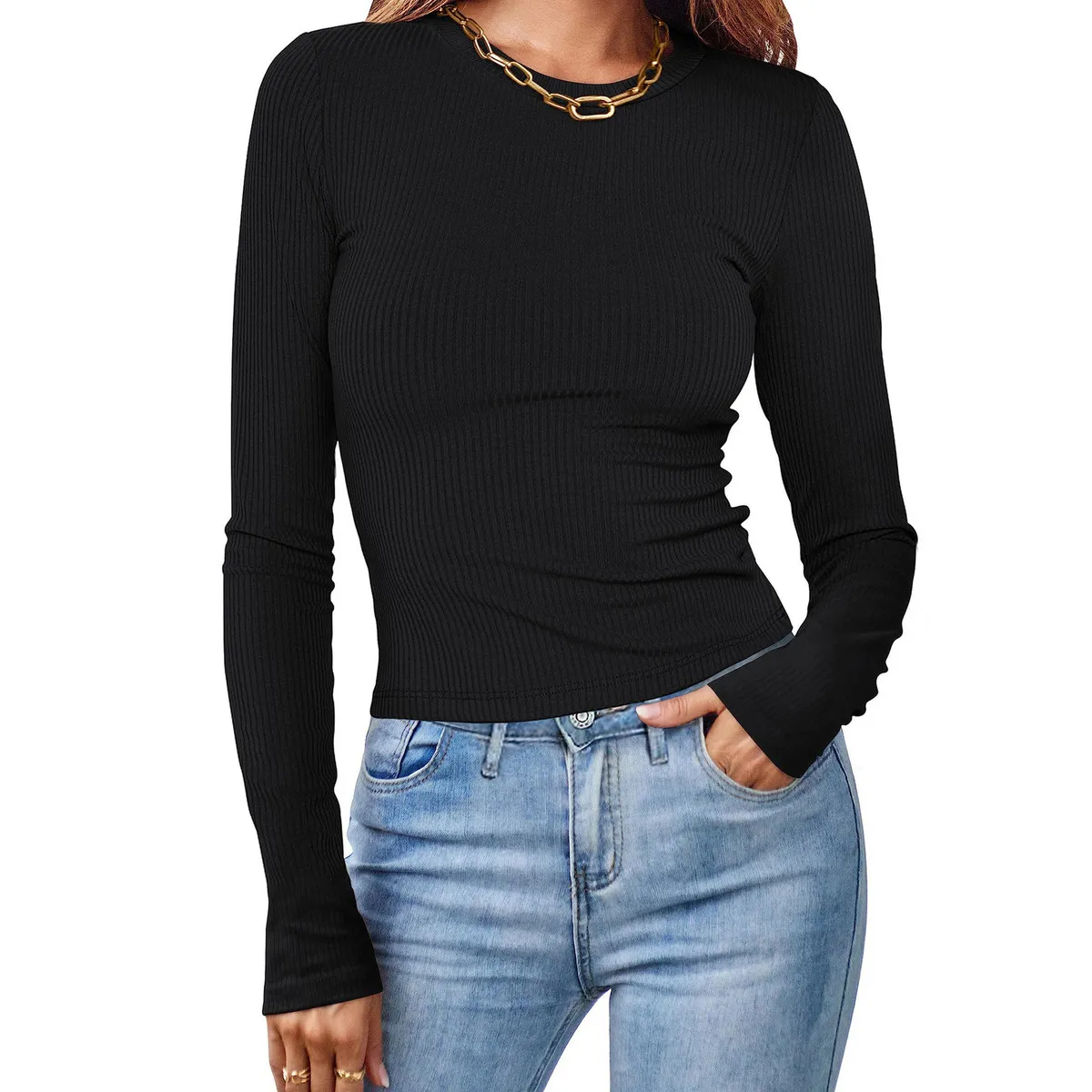 Women's Casual Commuter Wind Solid Color Slim Fit Long Sleeve T-Shirt