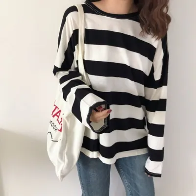 Women Casual Street Hipster Stripe Long-Sleeve Loose T-Shirt