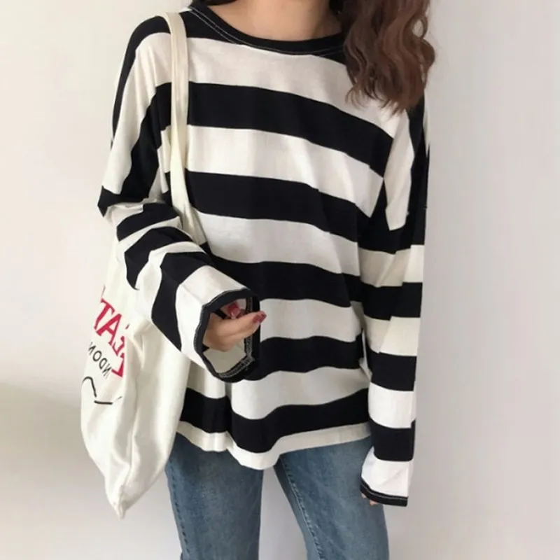 Women Casual Street Hipster Stripe Long-Sleeve Loose T-Shirt