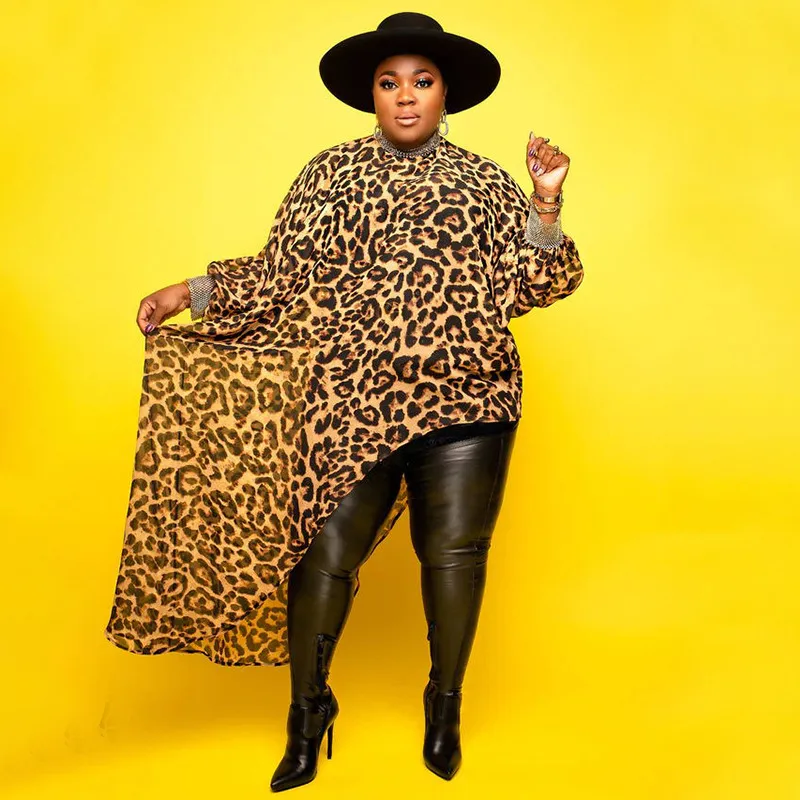 Women Fashion Casual Irregular Plus Size Digital Print Long-Sleeve Loose Crewneck Dress