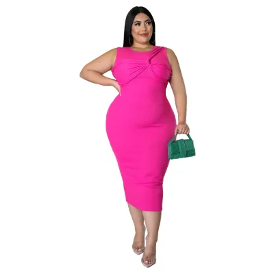 Women Fashion Elegant Plus Size Solid Color Sleeveless Zipper Slim Fit Midi Dress