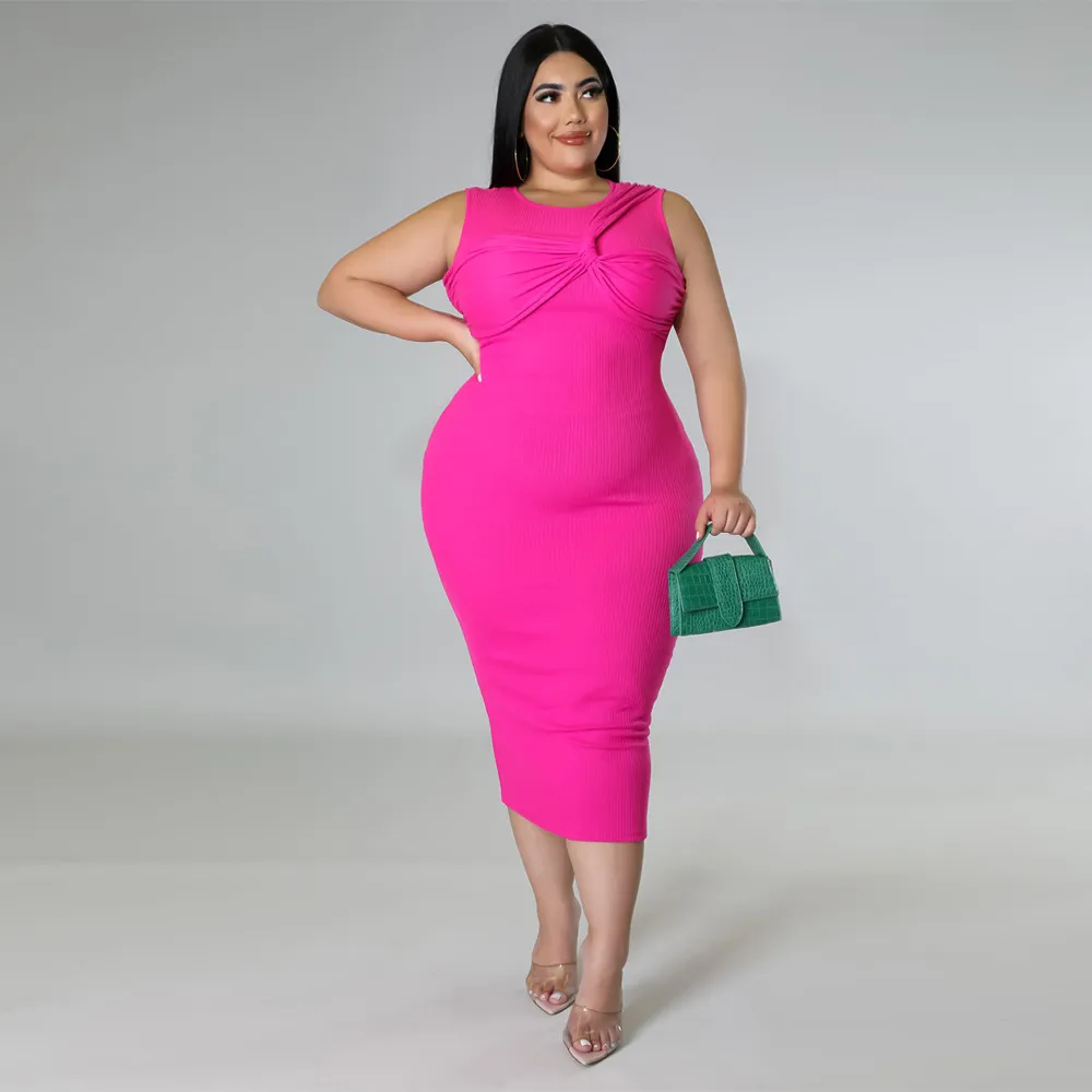 Women Fashion Elegant Plus Size Solid Color Sleeveless Zipper Slim Fit Midi Dress