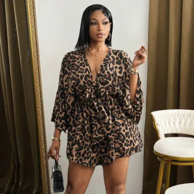 Women Fashion Sexy Plus Size Leopard V-Neck Short-Sleeve Wide-Leg Loose Jumpsuit