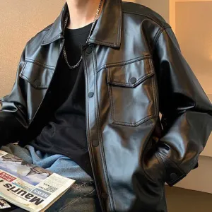 Men Retro Loose Casual Lapel PU Jacket for Spring Autumn