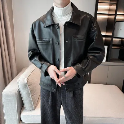 Men Spring And Autumn Retro Loose Casual Lapel Pu Jacket