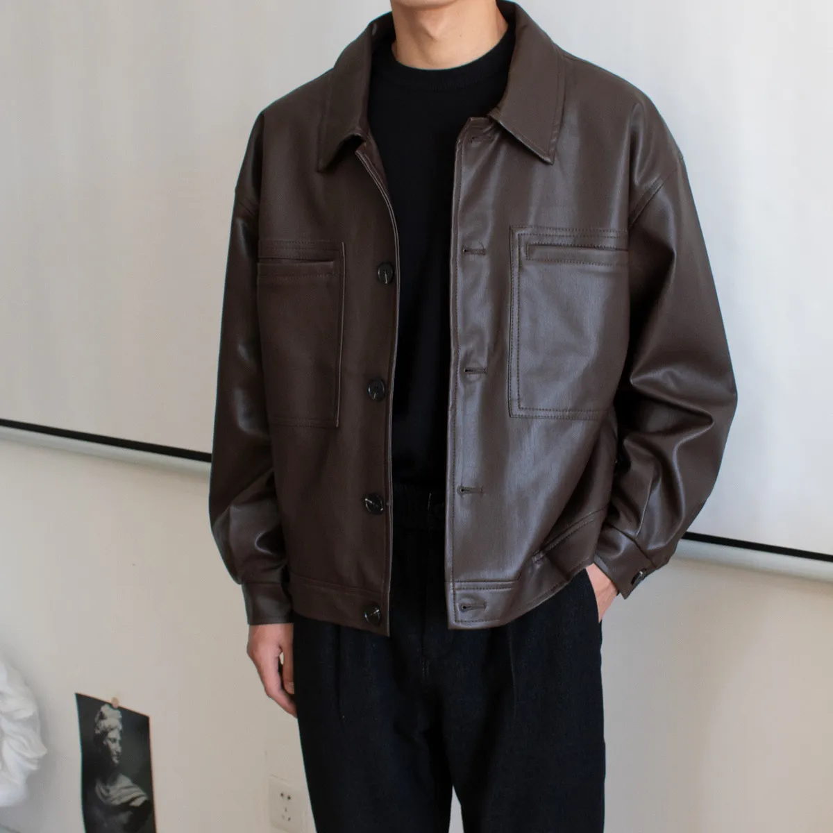 Men Retro Loose Casual Lapel PU Jacket Spring Autumn
