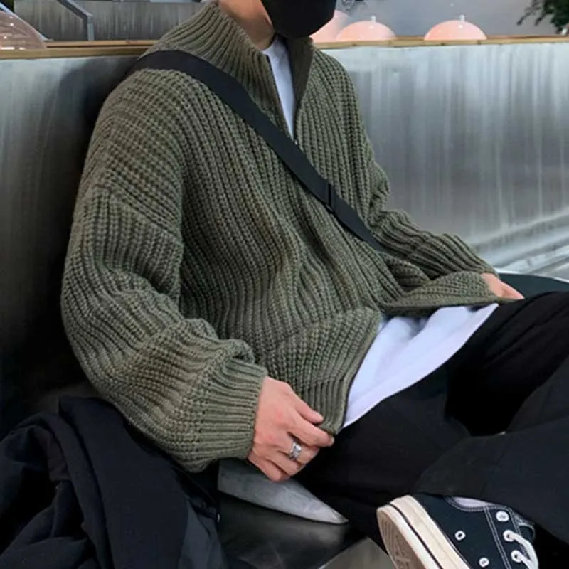 Men Autumn Winter Casual Loose Solid Color Knitted Cardigan Coat