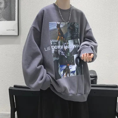 Men's Fashion Pattern Long Sleeve Pullover Crewneck Plus Size Sweatshirt With Inner Tank