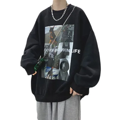 Men's Fashion Pattern Long Sleeve Pullover Crewneck Plus Size Sweatshirt With Inner Tank