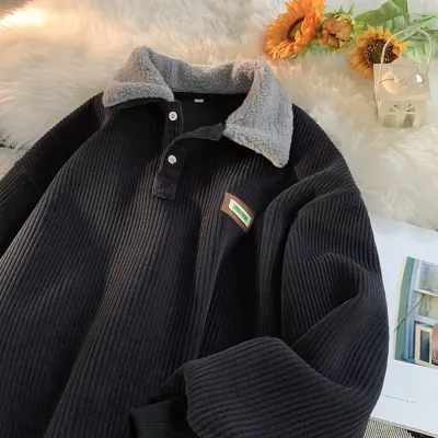 Men Casual Fleece Lapel Long Sleeve Waffle Pullover Sweatshirt