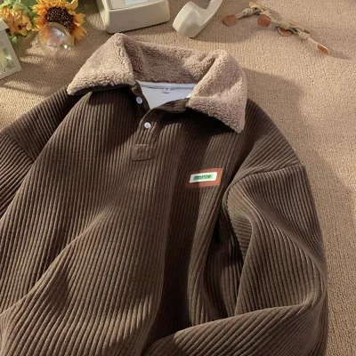 Men Casual Fleece Lapel Long Sleeve Waffle Pullover Sweatshirt