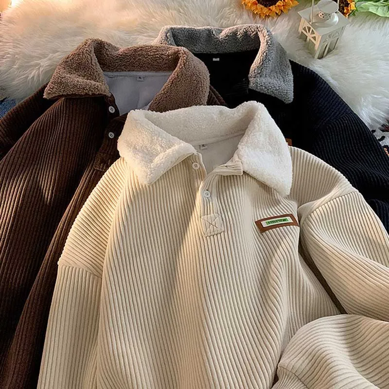 Men Casual Fleece Lapel Long Sleeve Waffle Pullover Sweatshirt