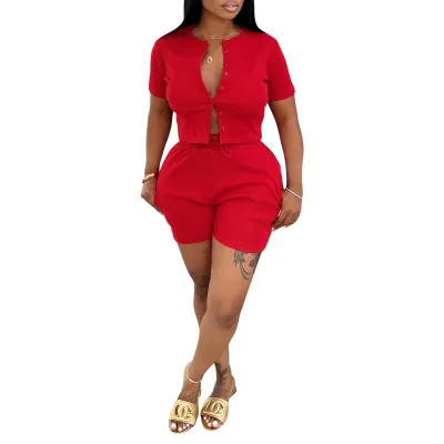 Women Casual Solid Color Short-Sleeve T-Shirt Drawstring Shorts Two-Piece Set