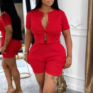 Women Casual Solid Color Short-Sleeve T-Shirt Drawstring Shorts Two-Piece Set