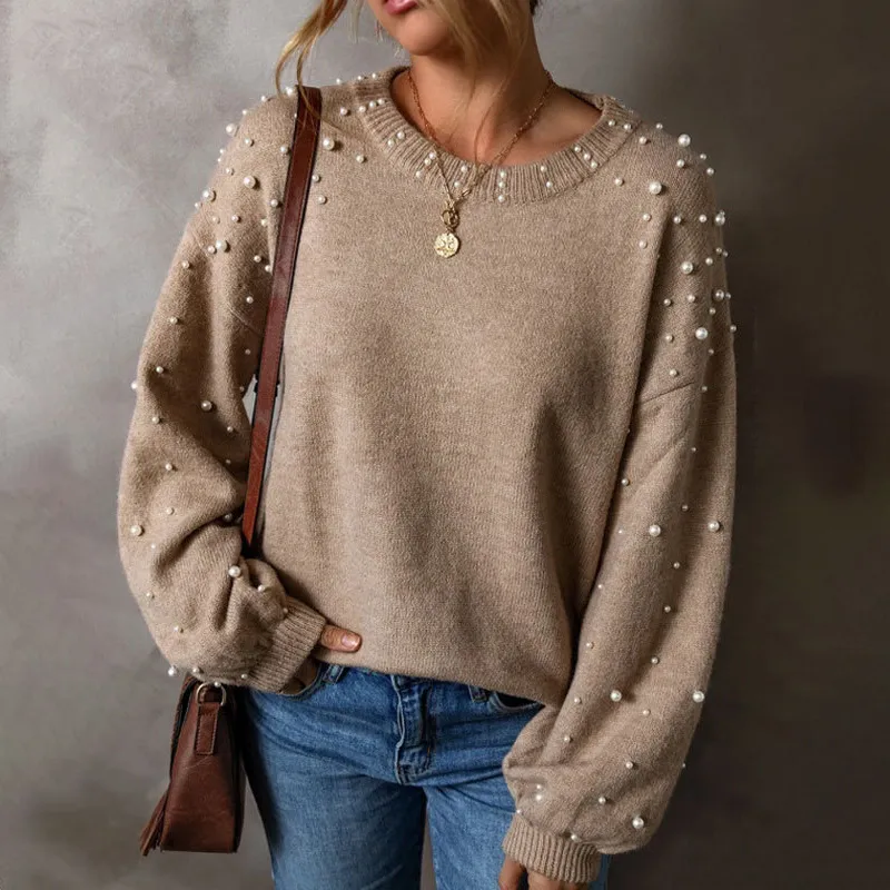 Women Casual Bead Decoration Round Neck Long Sleeve Sweater