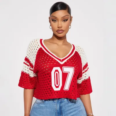 Women Fashion Casual Digital Printed Knitted Hollow Round Neck Short-Sleeve Crop Top