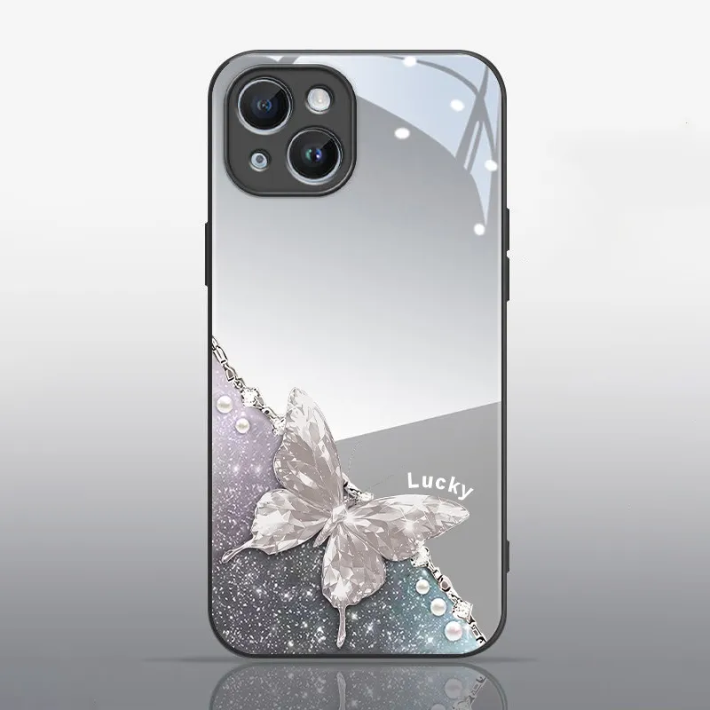 Fashion Metallic Paint Butterfly Drop Resistant Glass Iphone Case for Apple