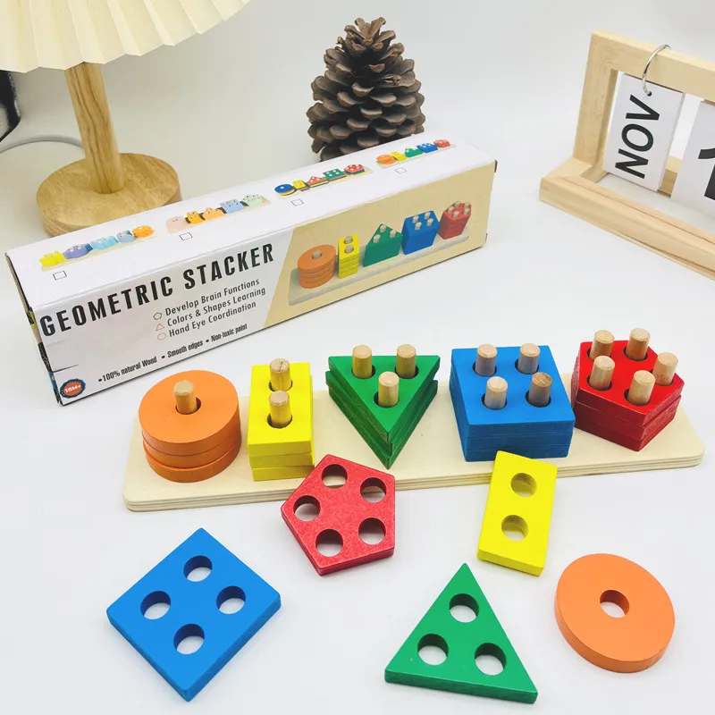 Wooden Shape Geometric Pile Tower Stacking Set Column Building Blocks Toys for Kids