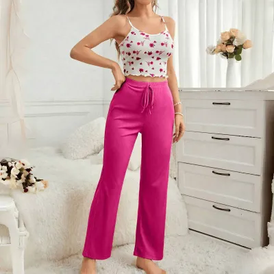 Women Fashion Casual Floral Printed Camisole Solid Color Loose Pants Pajamas Two-Piece Set