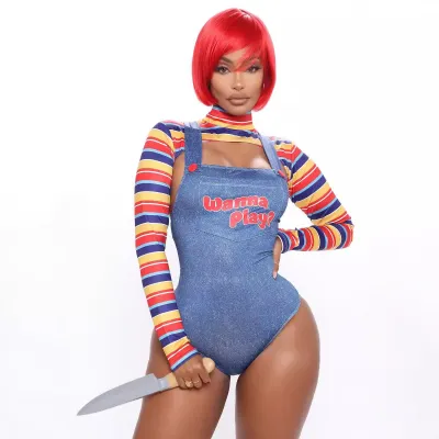 Women Fashion Sexy Cosplay Striped Long Sleeve Croptop Bodysuits Two-Piece Set