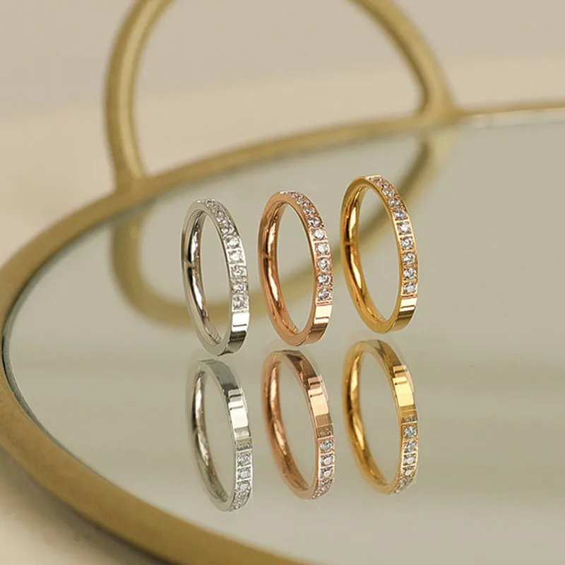 Simple Micro Inlay Rhinestone Titanium Steel Geometric Ring