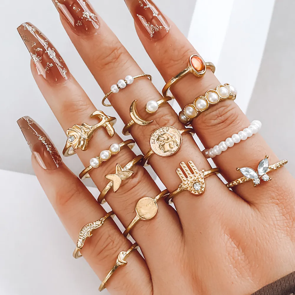 Women Fashion Imitation Pearl Moon Drop Oil 14-Piece Set Ring
