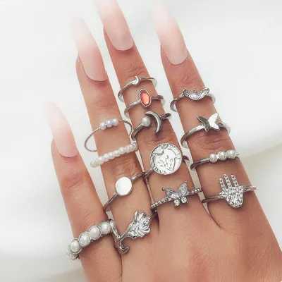 Women Fashion Imitation Pearl Moon Drop Oil 14-Piece Set Ring