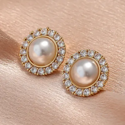 Women Fashion Boho Simple Copper Inlaid Zircon Hollow Pearl Earrings