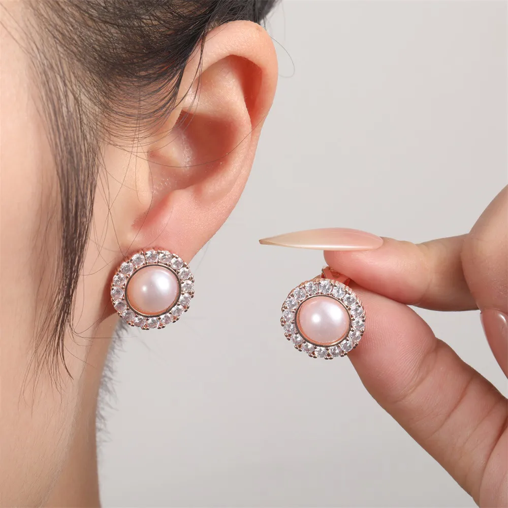 Women Fashion Boho Simple Copper Inlaid Zircon Hollow Pearl Earrings