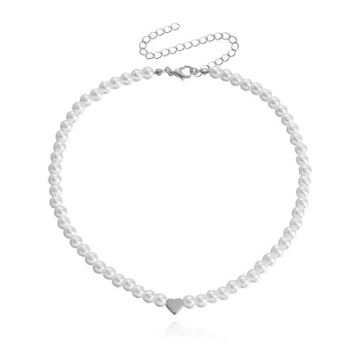 Women Baroque Imitation Pearl Beaded Love Necklace Fashion Commuter Alloy Geometric Chain