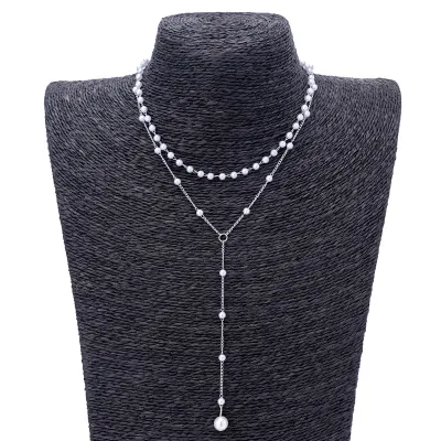 Women Fashion Y-Shaped Imitation Pearl Tassel Double-Layer Necklace