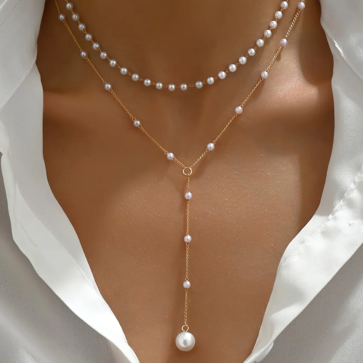 Women Fashion Y-Shaped Imitation Pearl Tassel Double-Layer Necklace