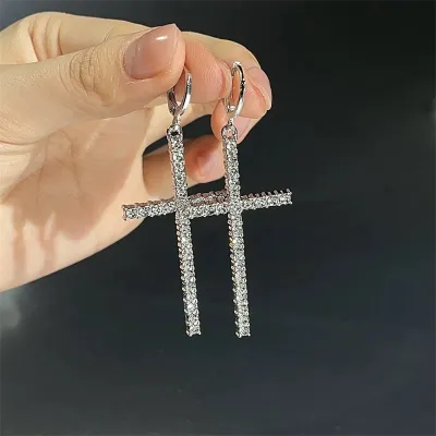 Women Fashion Simple Large Cross Rhinestone Earrings