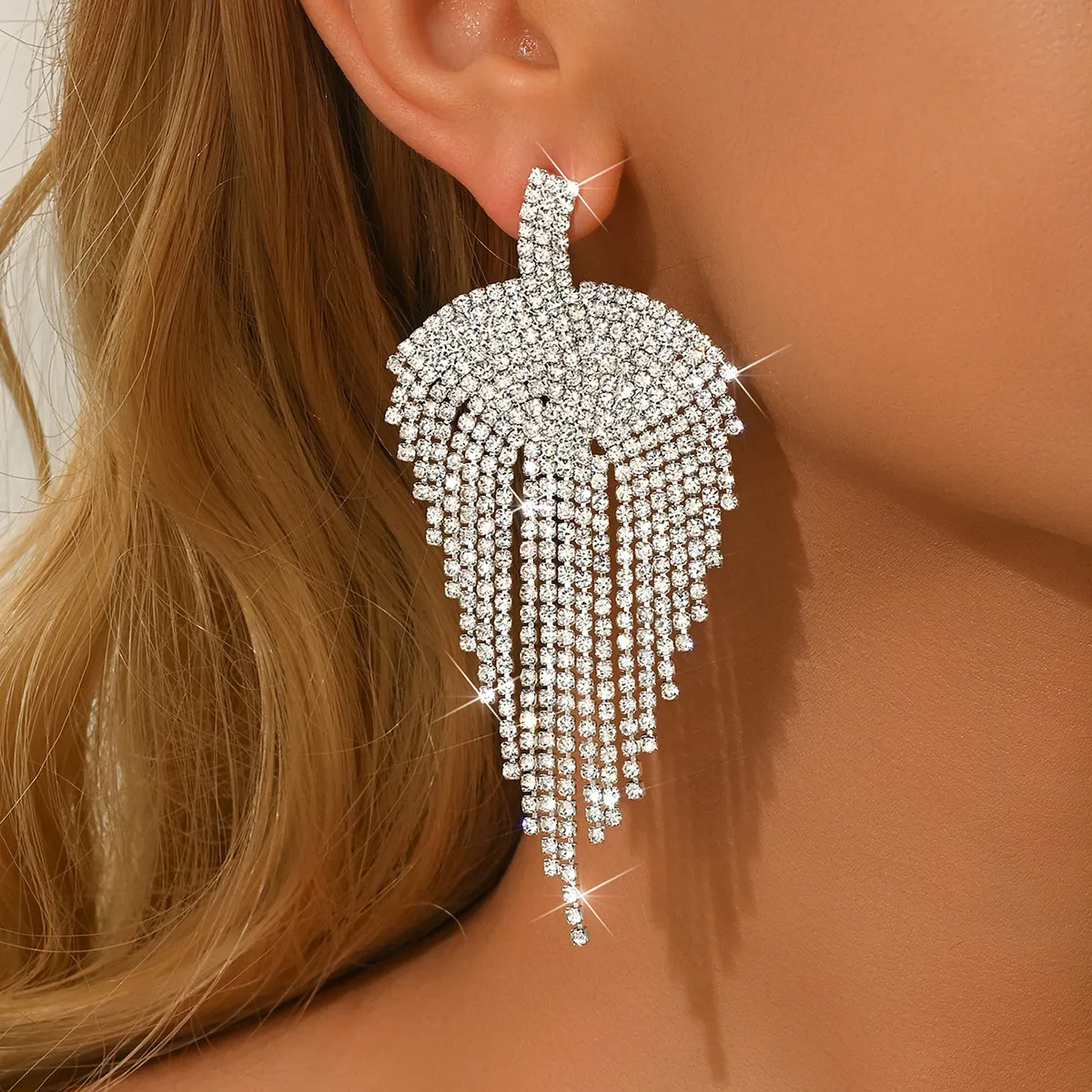 Women Fashion Exaggerated Maple Leaf Rhinestone Long Tassel Earrings
