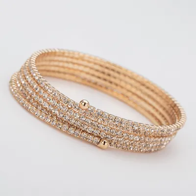 Women Fashion Simple Multi Layer Steel Wire Elastic Rhinestone Bracelet