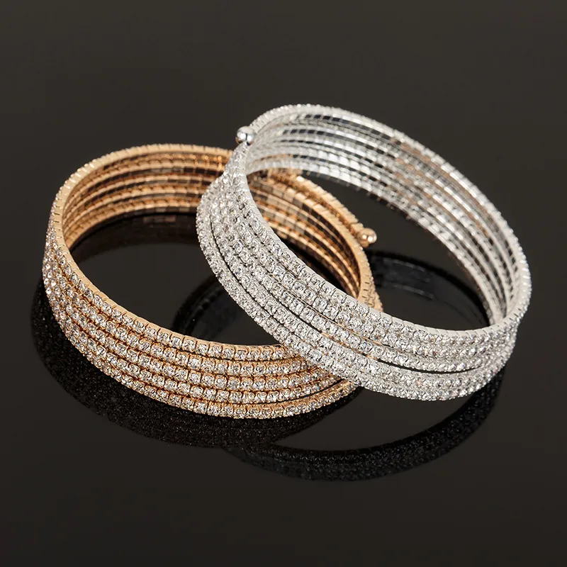 Women Fashion Simple Multi Layer Steel Wire Elastic Rhinestone Bracelet