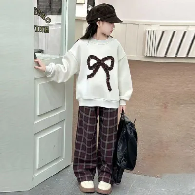 Girls' Fashion Casual Autumn Winter Bowknot Long-Sleeve Sweatshirt Plaid Pants Two-Piece Set