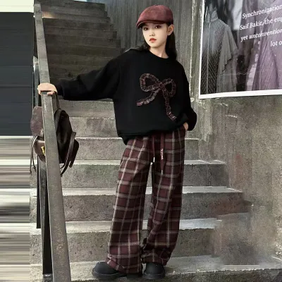 Girls' Fashion Casual Autumn Winter Bowknot Long-Sleeve Sweatshirt Plaid Pants Two-Piece Set