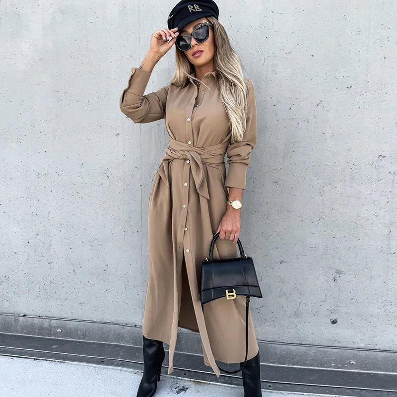 Women Autumn Winter Solid Color Cardigan Long Sleeve Maxi Shirt Dress